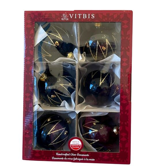 VITBIS Handcrafted Glass Ornaments Set of 6 Navy Blue & Gold Made in Poland NEW - Picture 3 of 16